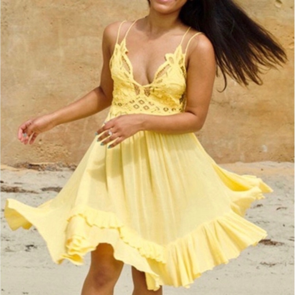 Free People Adella Yellow Crochet Lace Boho Mini Slip Dress Small